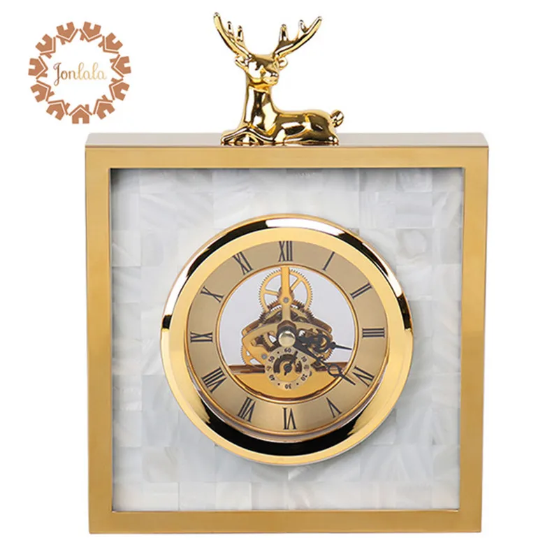 White Shell Metal Clock with Deer Living Room TV Cabinet Desk Decoration Creative Ornaments Best Gift | Дом и сад