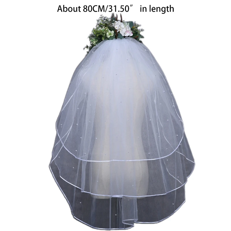 

X7YC Wedding Bridal Veil with Comb Wedding Hair Accessories for Brides 3 Tier Pearls Embellished Props for Photo Taking
