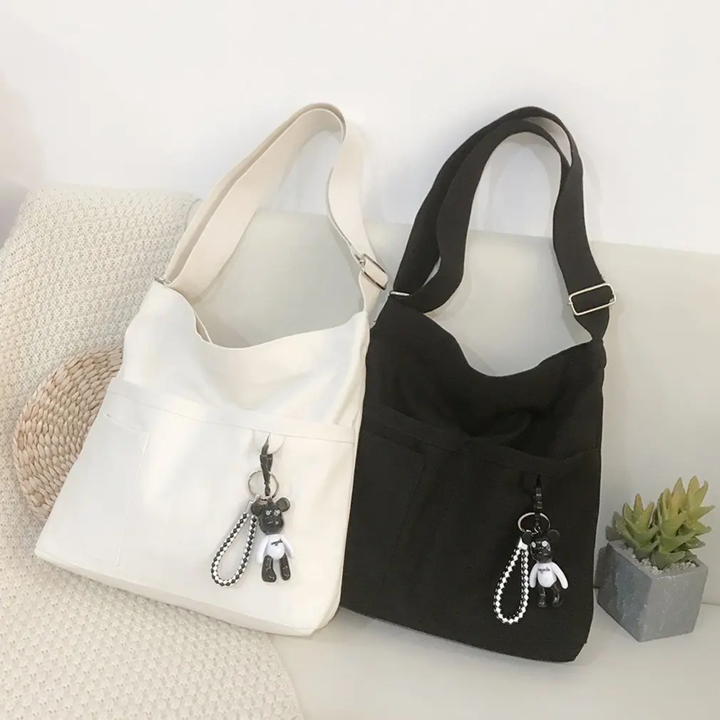 

Shoulder Bag Solid Color With Puppy Pendant High Capacity For School Traveling Shopping Women Handbag Young Fashion