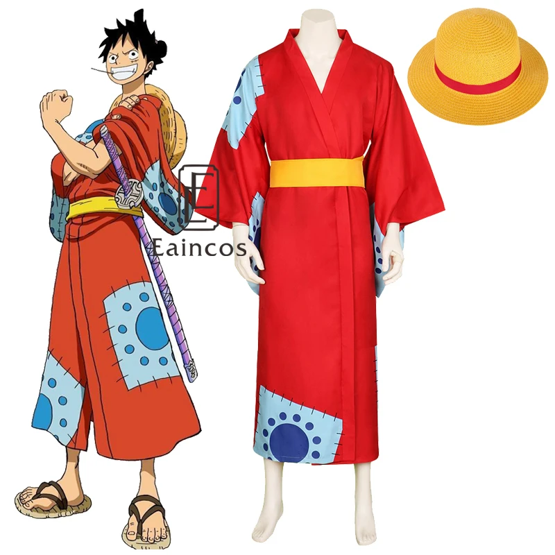 

Anime One Piece Cosplay Monkey D Luffy Wano Country Arc Cosplay Costume Hat Kimono Yukata Outfit Customized Halloween Costumes