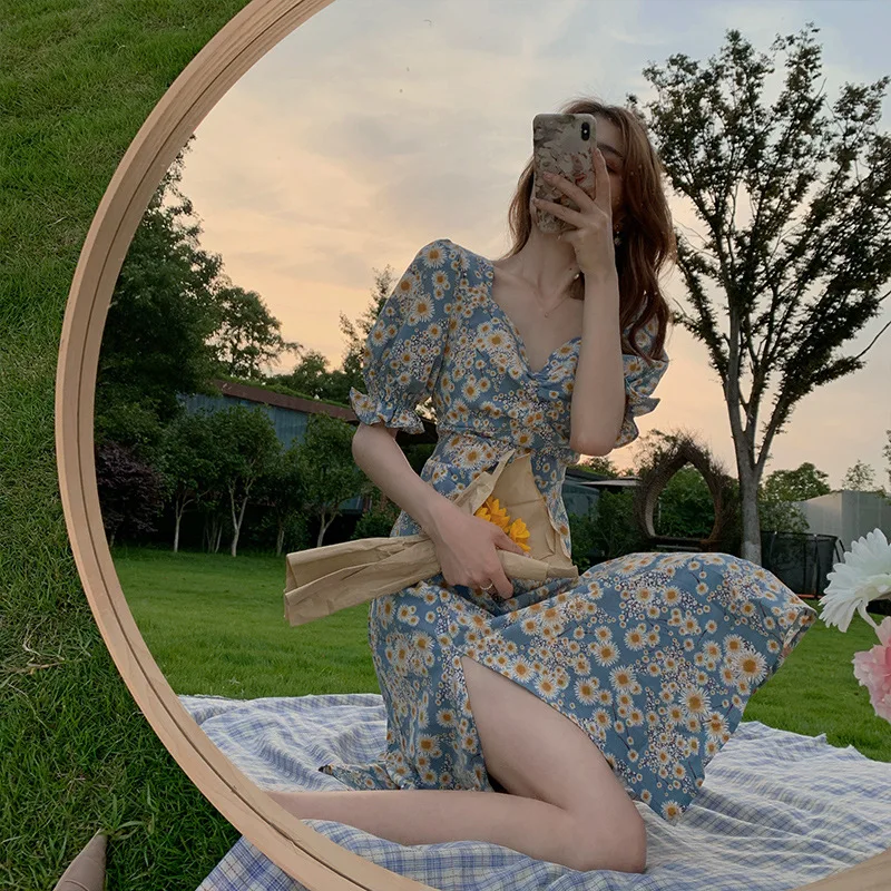 

Women's dress summer traf new French split hollow cheongsam shein Dress fashion retro floral trumpet sleeve y2k woman dress