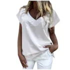 Туника Женская однотонная с V-образным вырезом, модная блузка с коротким рукавом, Повседневная элегантная рубашка, одежда на лето