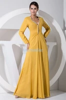 free shipping 2016 hot sale plus size yellow new modest long sleeve gowns beading chiffon mother of the bride dress with jacket