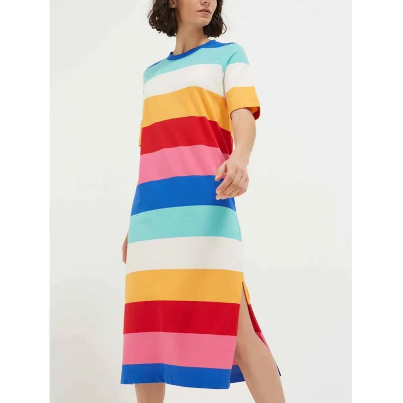 Rayé Robes Pour Femmes 2021 D'été Nouvelle Mode Arc-En-Ciel O-cou Décontracté Robe Mi-longue À Manches Courtes Lâche Homewear Vêtements femme