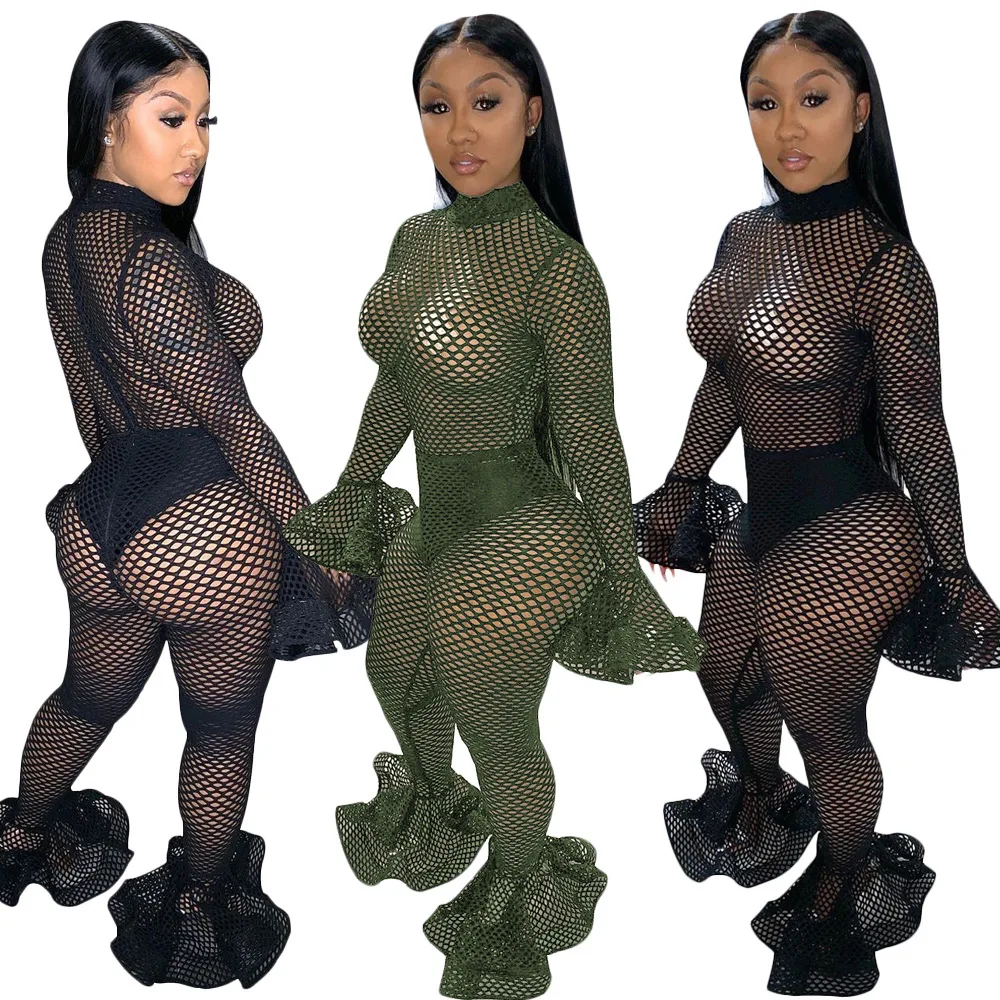 HAOYUAN Sexy Fishnet Sheer Rompers Womens Jumpsuit Long Sleeve Bodycon Overalls Festival Clothing Fall Club One Piece Jumpsuit