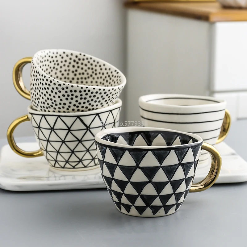 Personalized Hand Painted Mugs with Gold Handgrip Ceramic Geometry Coffee Cups Irregular Shape Nordic Home Decor Creative Gifts | Дом и сад
