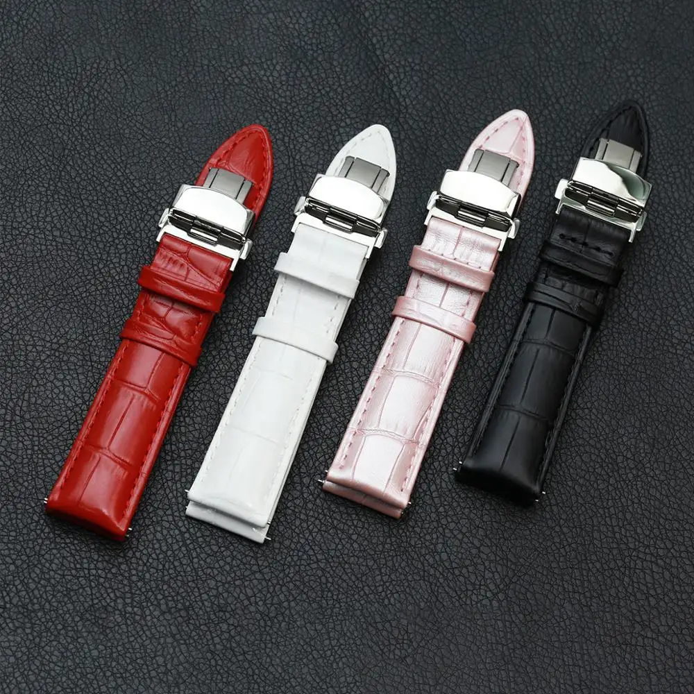 PESNO 12-22mm Bright High Quality Red White Black Pearl Pink Calf Skin Leather Watch Straps Women Geuniue Bands | Наручные часы