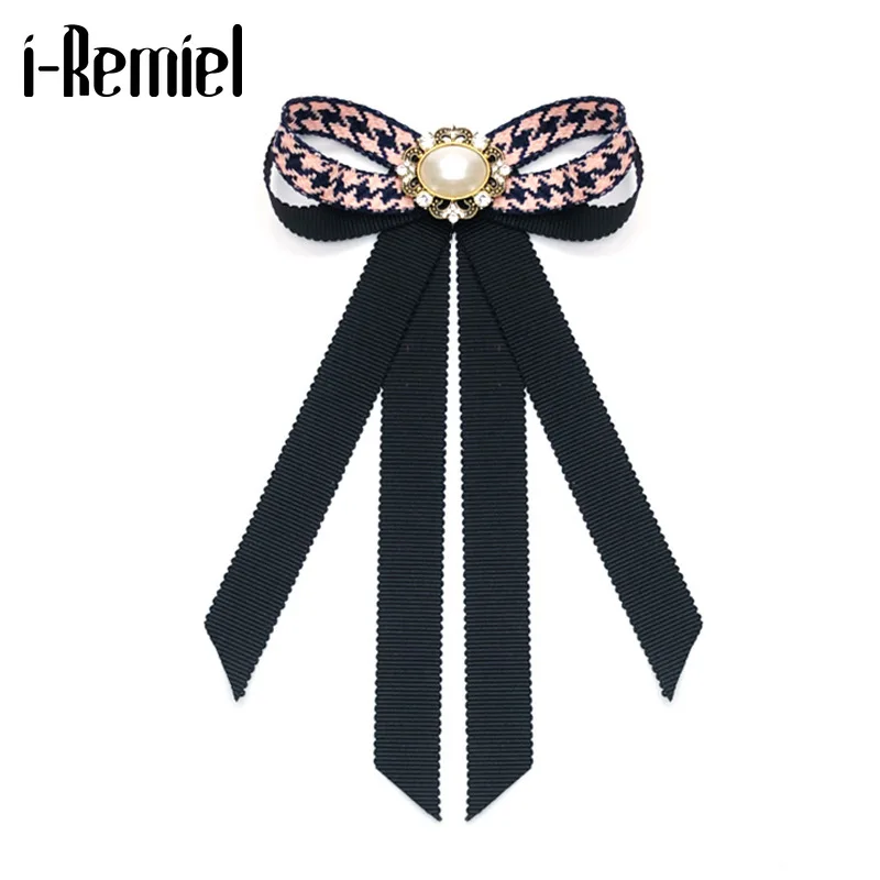 

i-Remiel Korean Fashion Bow Knot Houndstooth Bow Tie Brooch Pin Flower Crystal Pearl Brooches Shirt Collar Clothing Accessories
