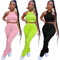 fitness stacked leggings tracksuit women summer lounge wear sleeveless tank crop top with sweatpants two piece set jogging femme