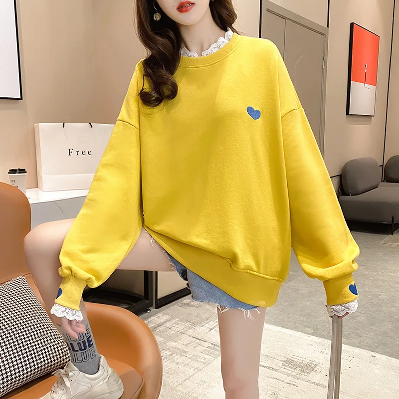 

2xl Spring Autumn Thin Loose Top Women 2021 Korean Fake Two Pieces Fairy Lazy Style Embroidery Oversized Sweatshirt Women