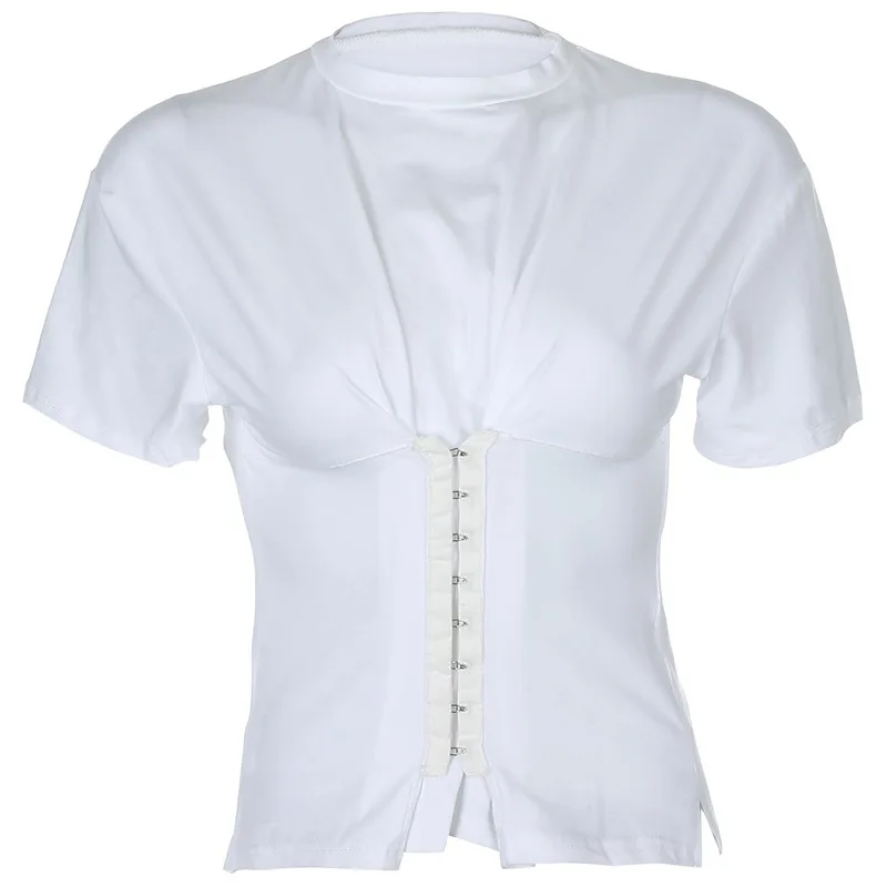 

Fashion White T Shirts Women Streetwear Fashion Button Bandages Tight Waist T Shirt Femmes O Neck Short Sleeve Summer Tees Tops