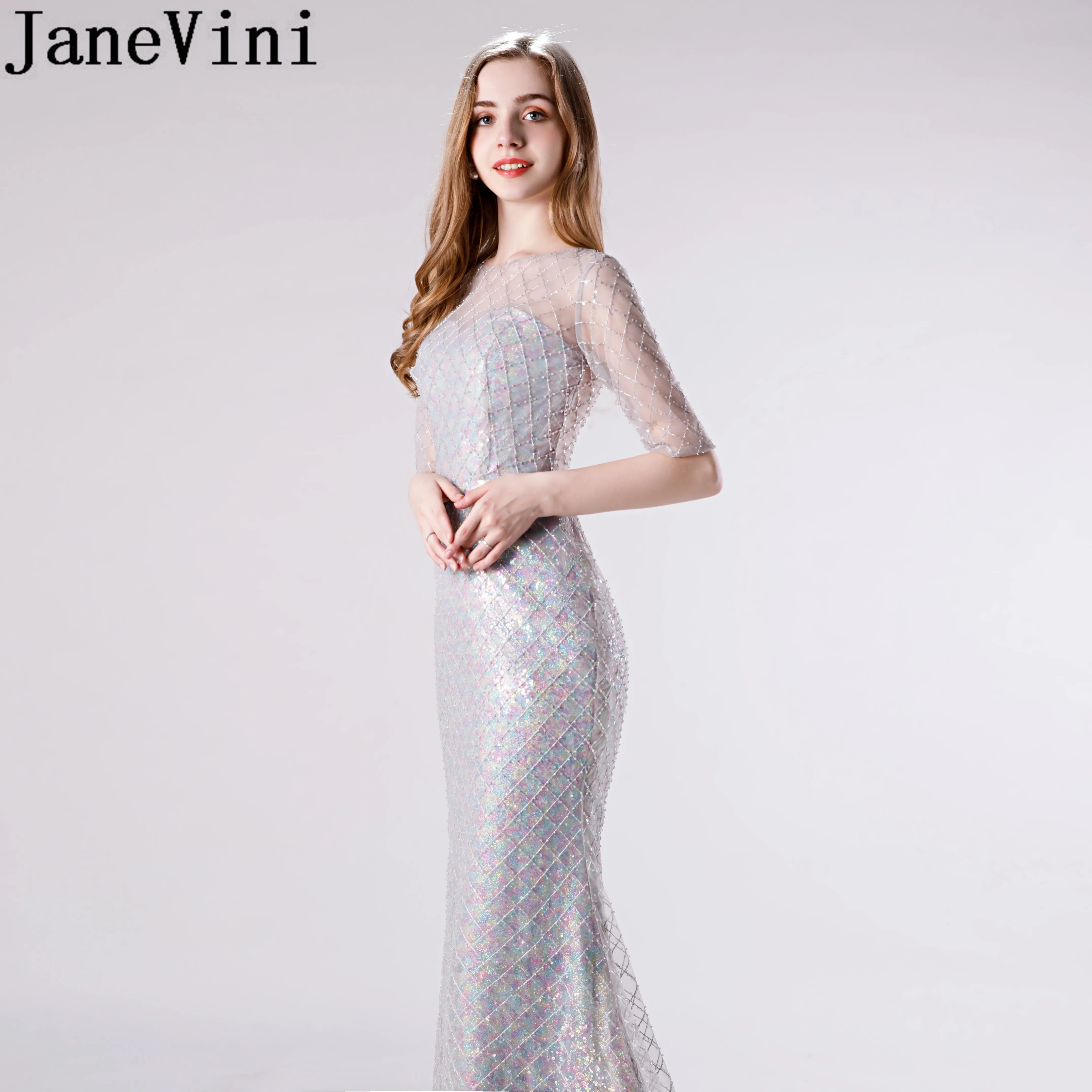 Длинное блестящее платье-Русалка с блестками полурукавом и бусинами | Свадьбы