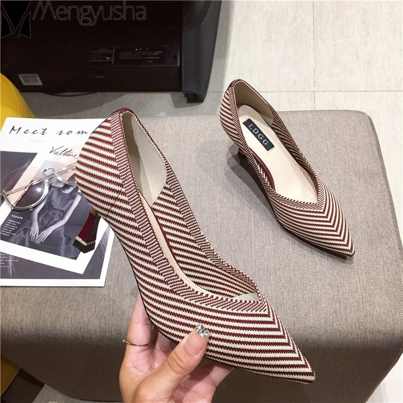 Geometric patterns stripe thin high heels pointed toe cloth knitting pumps korean qualities women shoes shallow female footwear | Обувь