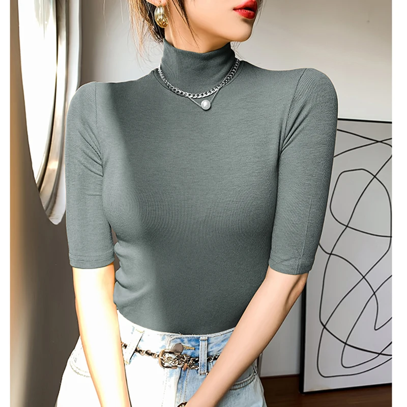

2021 Autumn Turtleneck Tops Short Sleeve Slim Tshirt Women Korean Style Basic Elasticity Tee Shirt Femme Jumper Mujer Camisetas