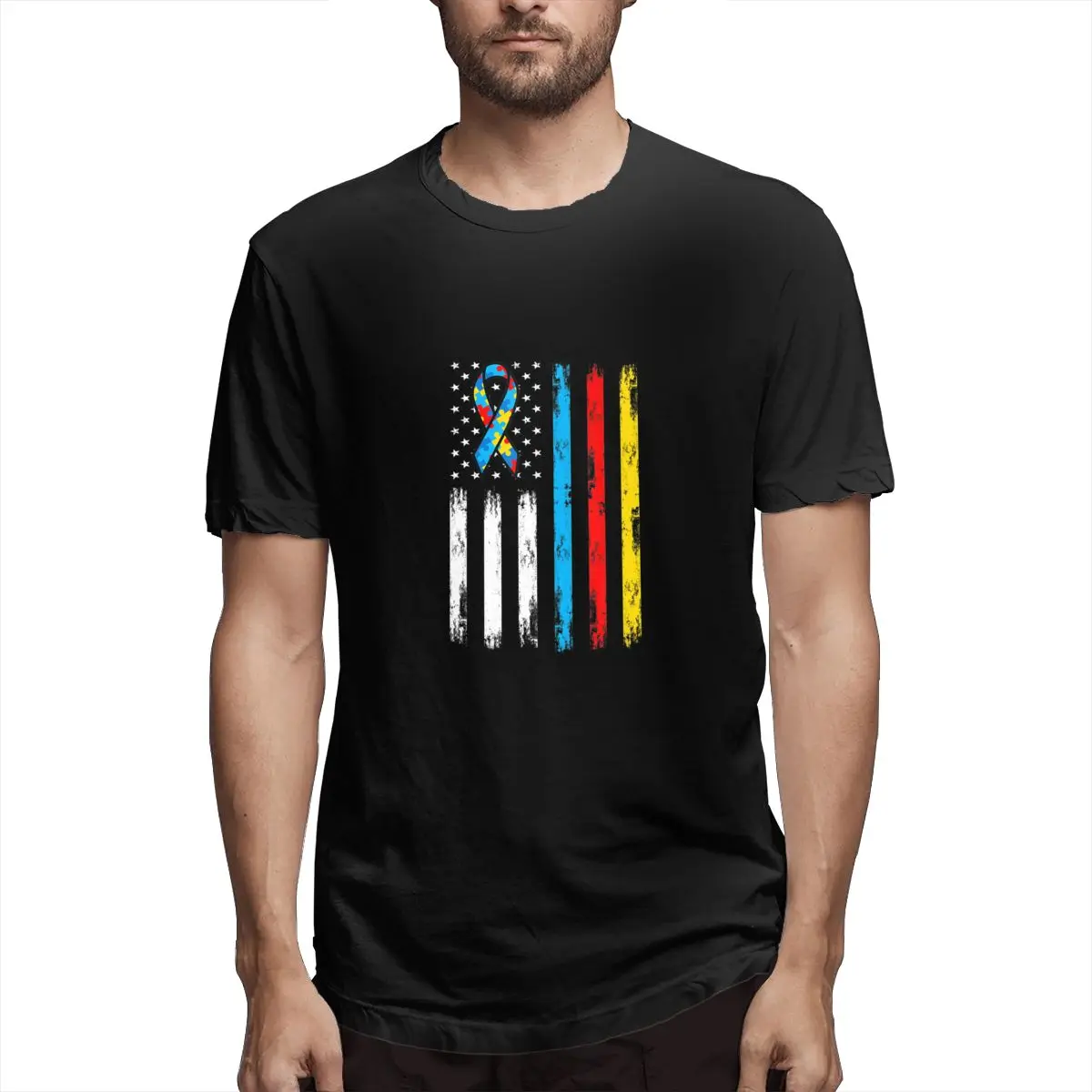 

America Flag Autism Parents Autistic Child Awareness Graphic Tee Men's Short Sleeve T-shirt Funny Cotton Tops