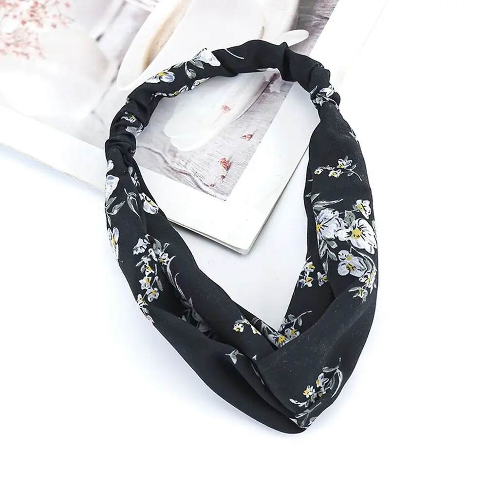 Black Корейский стиль, эластичная, скрещенная, шифоновая повязка на голову, женская, с широкими полями, с принтом, повязка на голову, элегантные головные уборы, аксессуары для волос - Цвет: Black