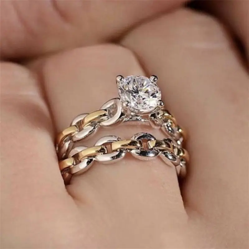 

2pcs/Set Hip Hop Chain Rings for Women Luxury Clear Crystal Women's Promise Ring Female Wedding Jewelry Accessories Gifts