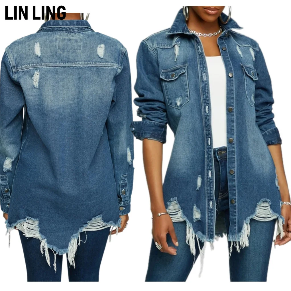 

Джинсовая куртка LINLING, рваная джинсовая куртка с длинным рукавом и отворотом на пуговицах, пальто, размера плюс джинсовая куртка, женские дж...