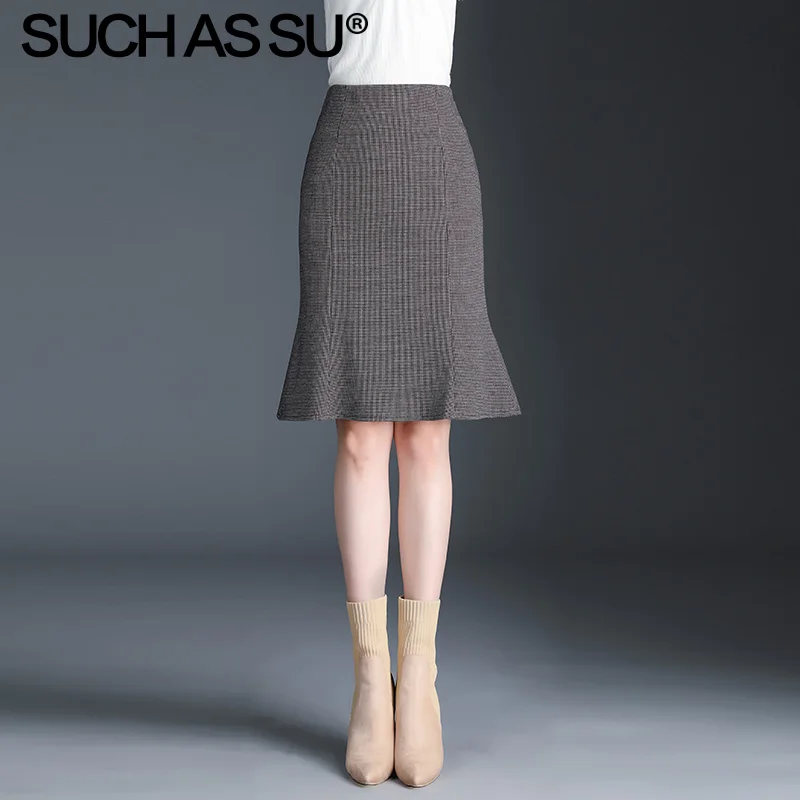 Gray skirt New Fall Winter Knit Skirt Women Gray Lattice High Waist Ruffle Mermaid Skirt S-3XL Plus Size Pencil Skirt Female - Цвет: Gray skirt