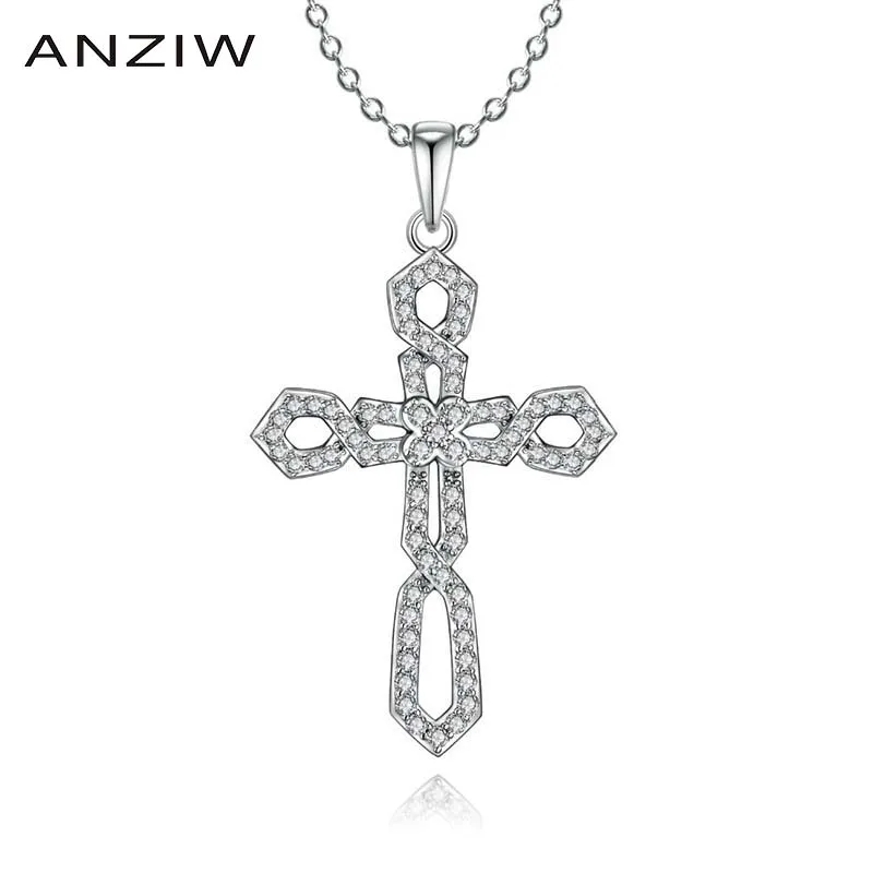 

ANZIW Luxury 925 Sterling Silver Pendant Necklace for Women Halo Cross Pendant Long Chain Necklace Wedding Silver Jewelry