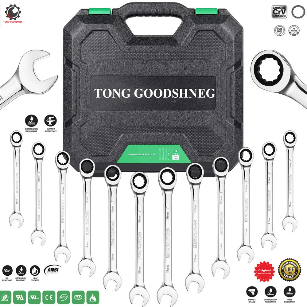 12pcs Ratcheting Wrench Set,Chrome Vanadium Steel Ratchet Wrenches,Spanner Car and motorcycle repair Tool,Combination Wrenches