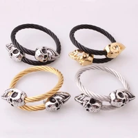 punk style skull head cuff charm bracelets bangles for men women silver color 316l stainless steel wire bangle jewelry