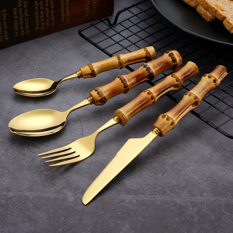 Набор посуды из 24 предметов с бамбуковой ручкой нержавеющей стали включает вилку