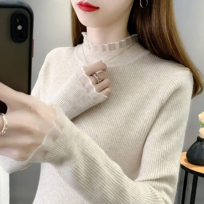 

High Neck Lace sweater women's interior with autumn new foreign style short top slim fitting long sleeve knitted bottomed shirt