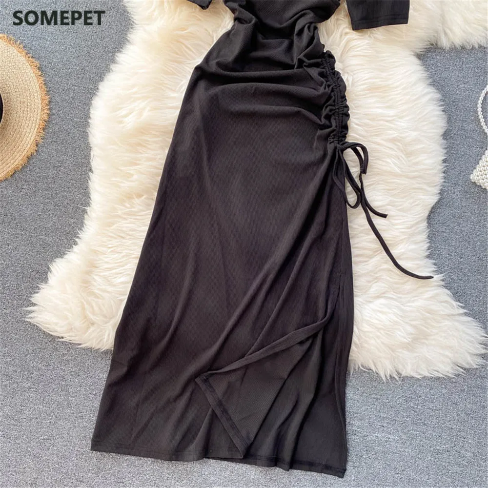 

Women Summer Casual Dress V-Neck Short Sleeve Drawstring Folds High Waist Slim Midi Dresses Woman Sundress Female Clothes