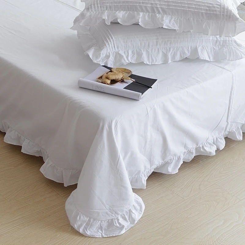 

Комплект постельного белья Queen Size, белые хлопковые простыни в стиле принцессы, простыня и наволочки, милый однотонный комплект для кровати, 3...