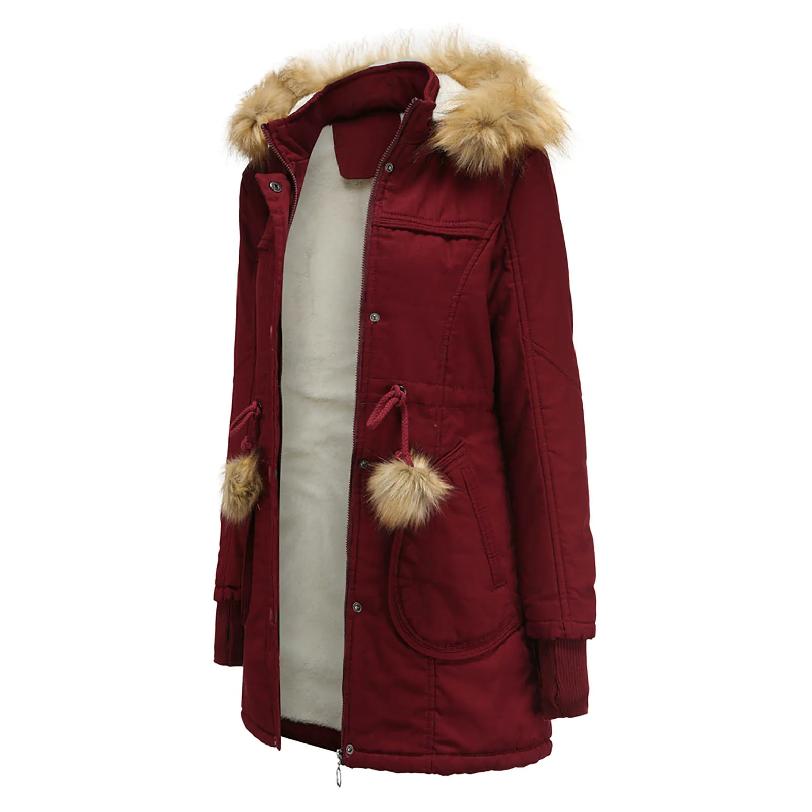 Женская зимняя однотонная парка средней длины с флисовой съемной шапкой и