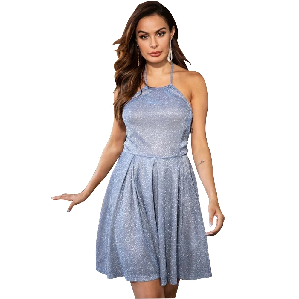 

Fine Flash Hanging Neck Halter High Waist Dress Pleated Skirt A-line Skirt Sexy Mini Sun Skirt Female Chic Prom Rayon Dresses