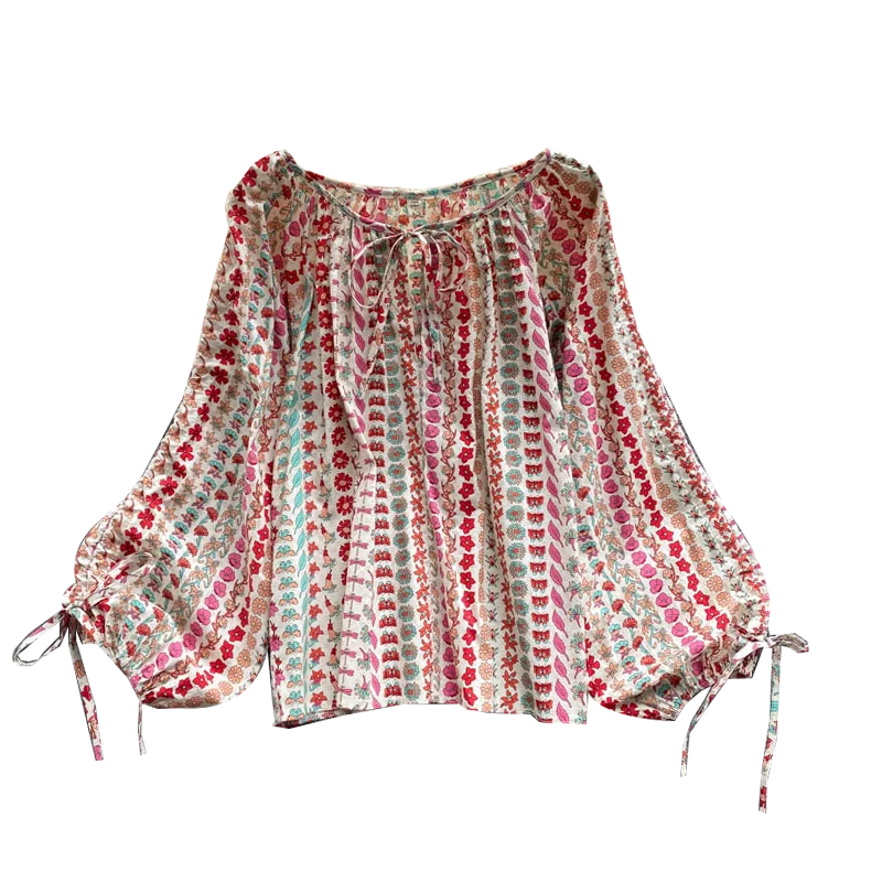 

2021 Summer Fashion New Blouse Women's Age Reduction Round Neck Puff Sleeve Blusa Print Pullover Shirt GL199