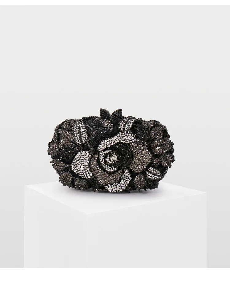 

Black Grey Blooming Rose Diamond Woman Evening Bag Female Crystal Flower Dinner Party Clutch Purse Ladies Wedding Bridal Handbag