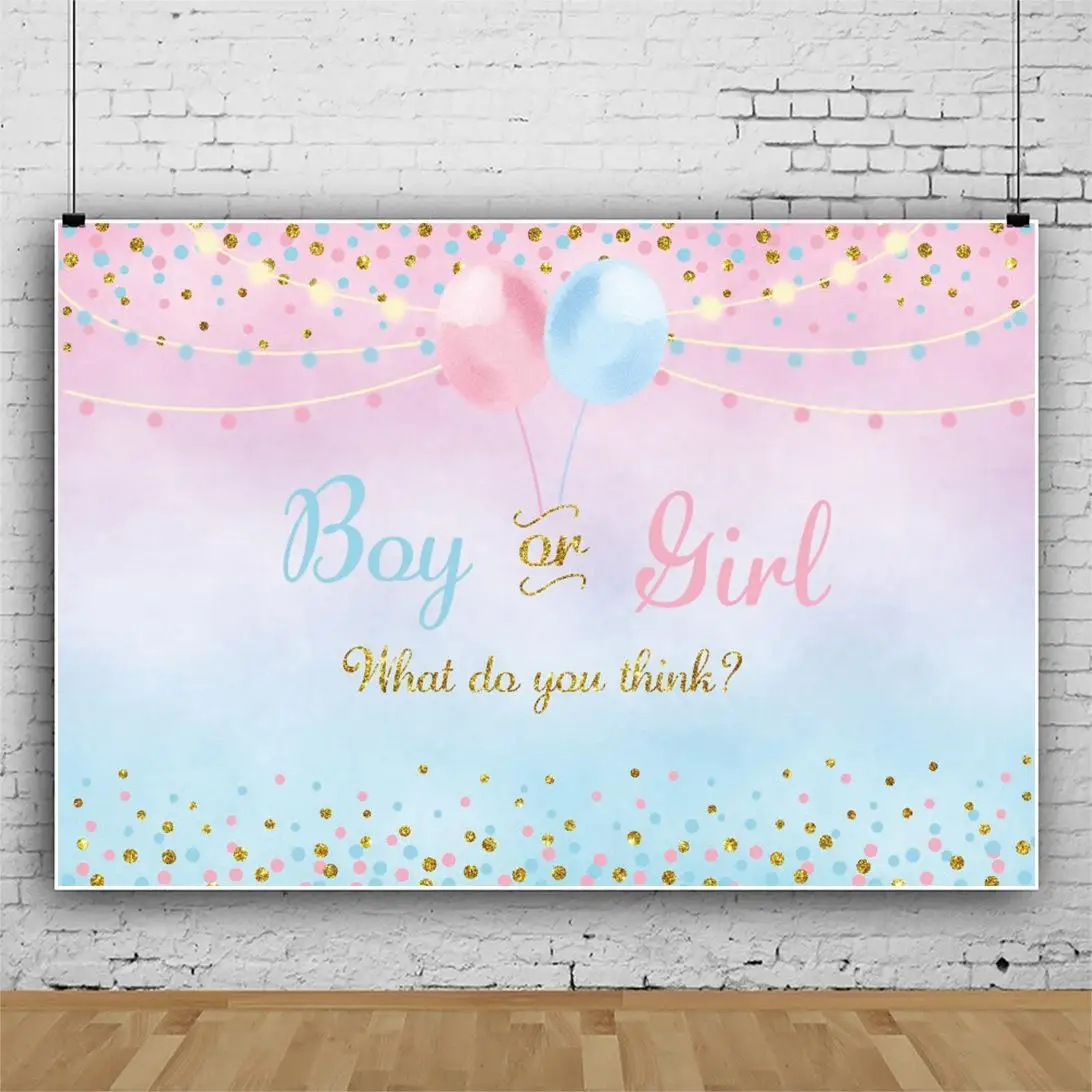 

Boy or Girl Gender Reveal Background Blue Pink Dots Balloon Photography Backdrop Baby Shower Party Banner Backdrops