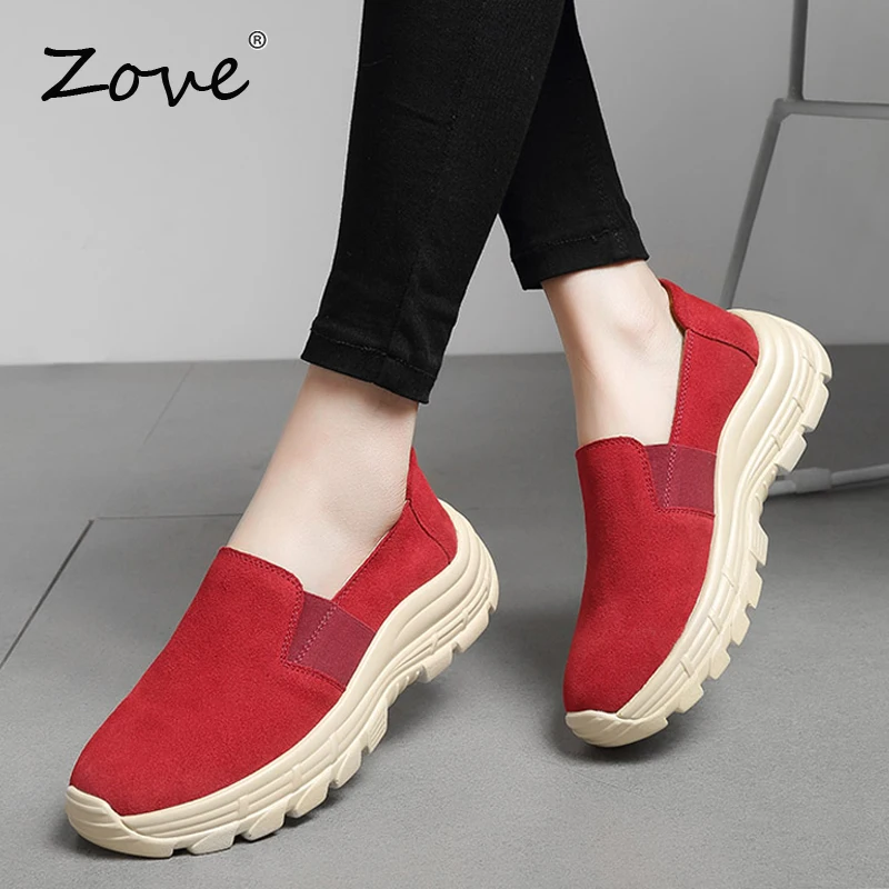 ZOVE/женские лоферы на плоской платформе; кроссовки; Модные осенние замшевые мокасины без застежки; женская обувь; Цвет Красный; chaussure; криперы