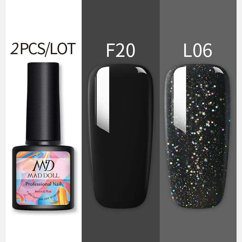 F20L06 2 бутылки 8 мл MAD DOLL УФ-гель для ногтей чистый цвет и Блестящие Блестки долговечный впитывающий Гель-лак для нейл-арта - Цвет: F20L06