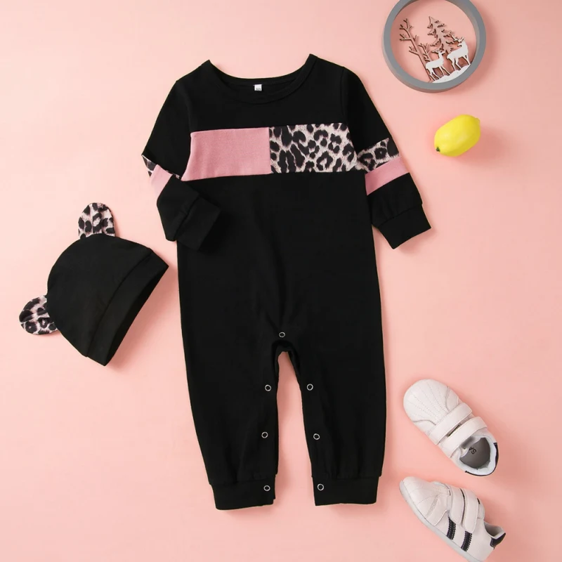 

Long Sleeved Romper +Hat Baby Rompers Newborn Baby Girls Boys Clothes Cotton Long Sleeves Baby Pajamas Patchwork Baby's Sets