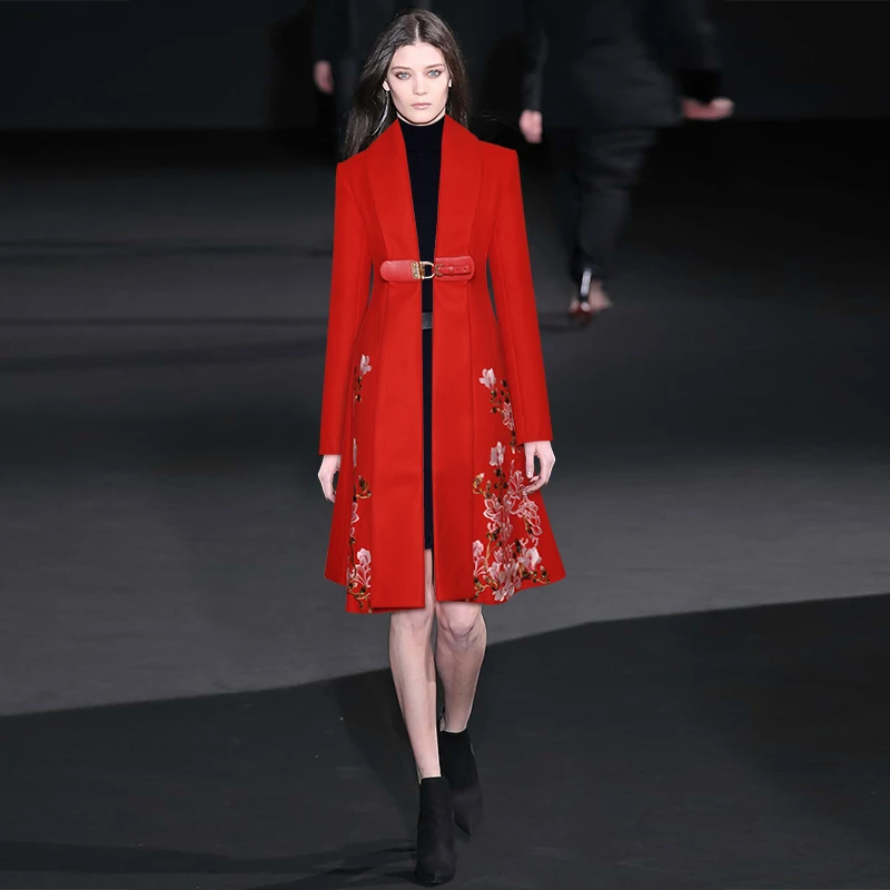

Gedivoen Spring Fashion Designer Vintage Coat Outwear Women Floral Embroidered Pockets Long Sleeve Knee Length Overcoat
