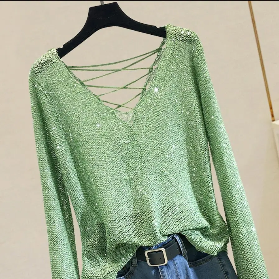 2019 Korean New Spring and Autumn Sequined Flare Sleeve V-neck Thin Sweater Sexy Backless Knit Blouse Pullover Tops | Женская одежда