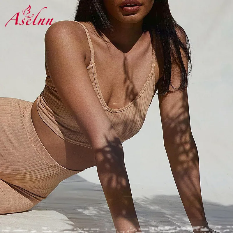 Aselnn облегающий ребристый вязаный комплект из двух предметов женские короткие