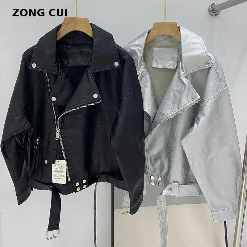 

Женская мотоциклетная куртка из ПУ кожи, однотонная куртка с поясом, свободная повседневная куртка, новинка весны 2021