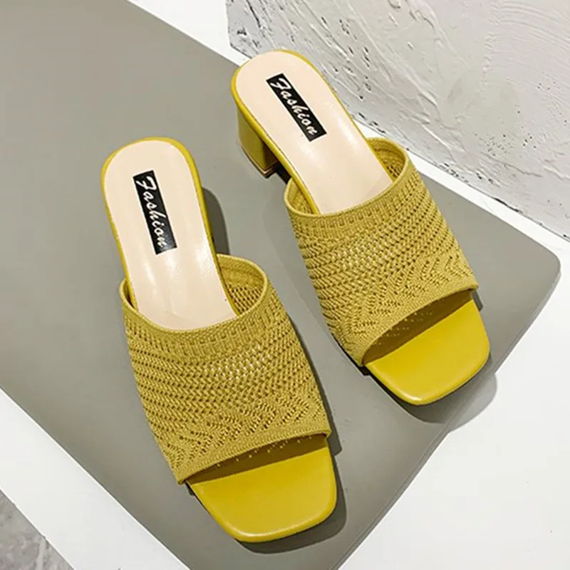 2020 Summer Sandals Women Shoes Women Mules Slides Peep Toe Square High Heels Sandals Female Shoe Casual Square Heel #SJPAE-159