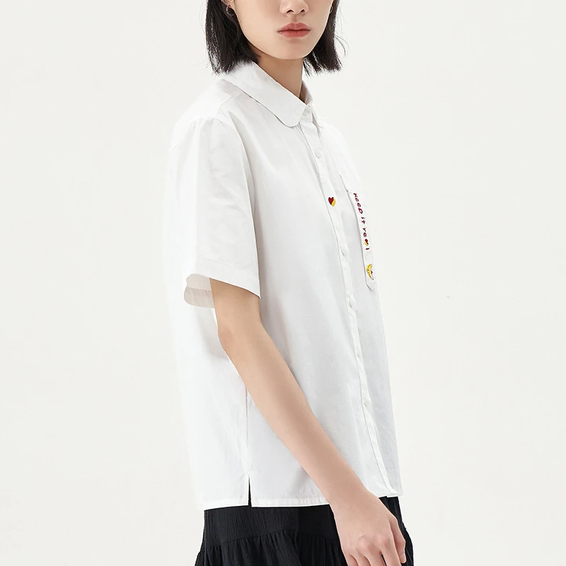 

Toyouth Women Shirts 2021 Summer Short Sleeve Polo Collar Loose Blouse Heart Embroidery Print Preppy Style Tops