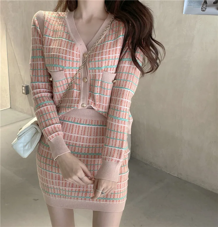 

Korean style ladies elegant small fragrance gentle wind knitted cardigan sexy package hip skirt two-piece suit