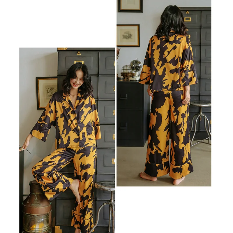

French vintage yellow pajamas for women high quality silk home clothes suit set female autumn long sleeve sleepwear nightwear