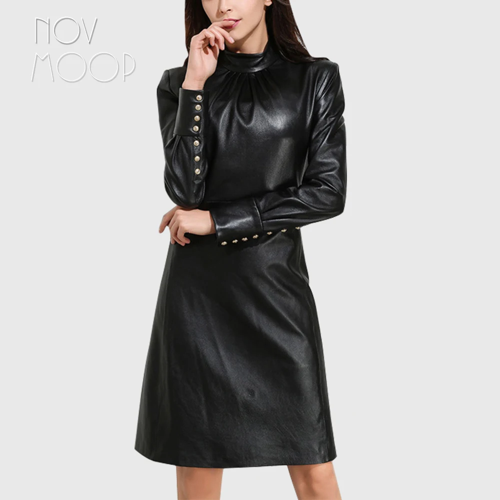 Novmoop женское черное платье в стиле High street с длинным рукавом и пуговицами из