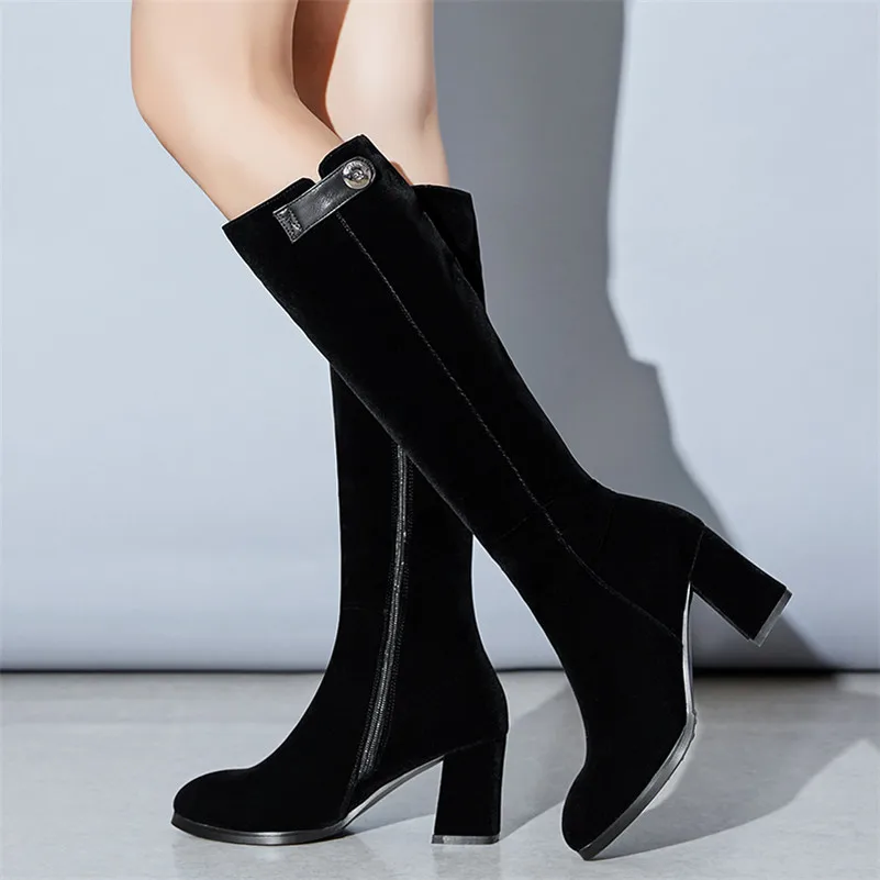 

Meotina Winter Knee High Boots Women Boots Zipper Thick High Heel Long Boots Fashion Round Toe Shoes Lady Fall Black Size 34-39