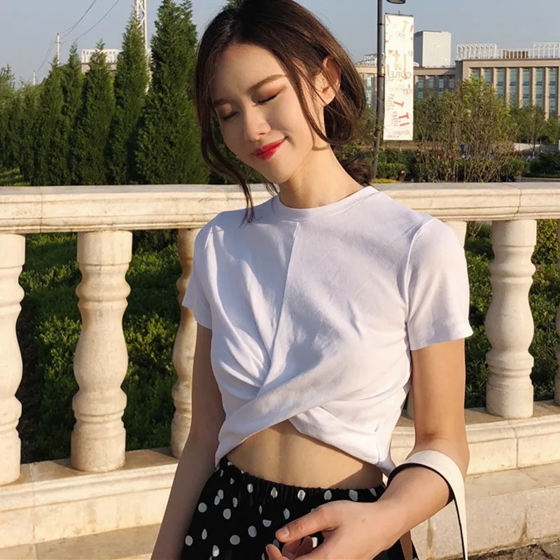 

Women's O Neck Short Sleeve Solid Crisscross Crop Top