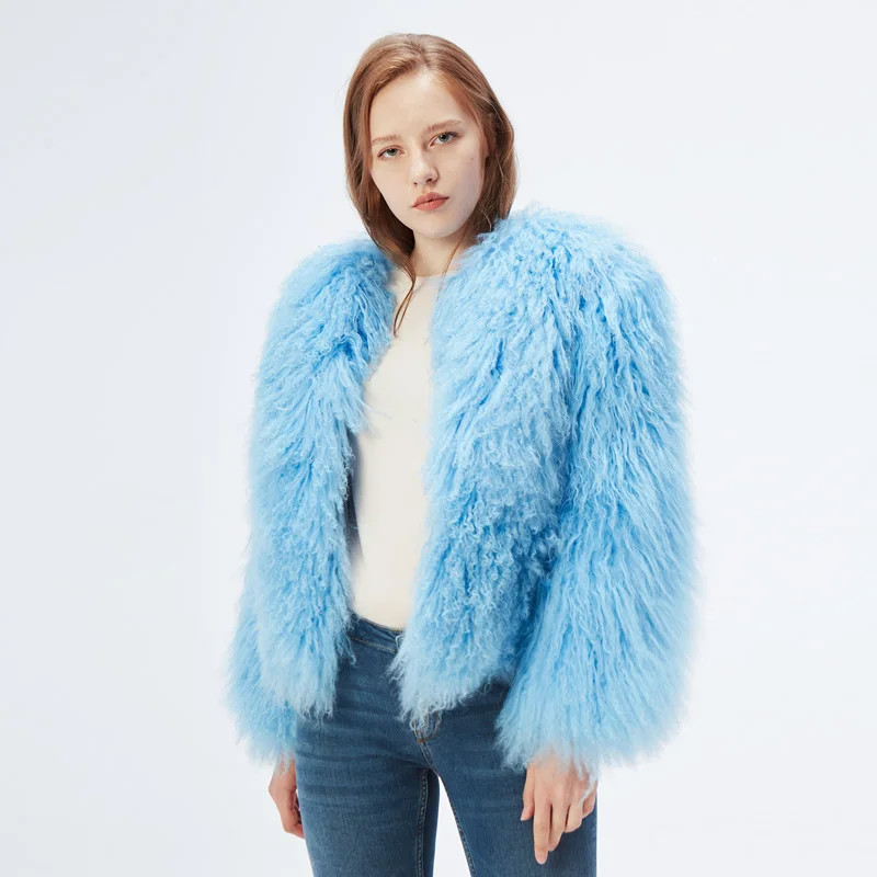 NEW Design Olivia's Womens Lamb Fur Coat Tan Sheep Fur Coats Short Sheep Skin Jacket 55cm Mongolia Sheep Fur In Real Fur Coat